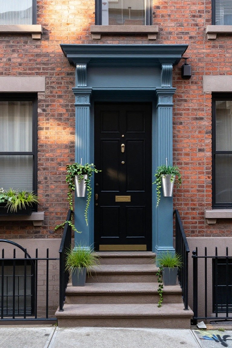 Brick townhouse facade with teal blue painted columns, pediment, and trim framing a black front door, ivy in hanging metal planters on the columns, potted grasses on front steps, and black iron railing beside the entry.