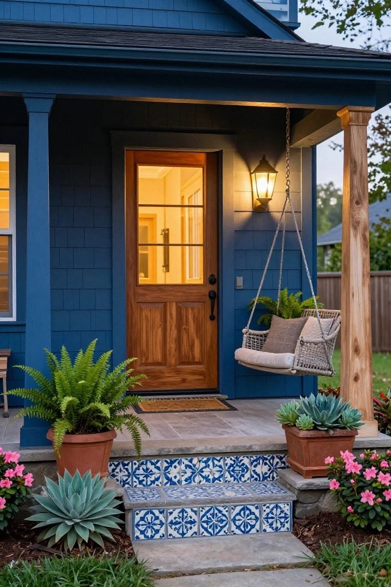 Dark blue shingle house exterior with wooden double door entry, hanging wicker porch swing with cushions and potted fern, flanking potted ferns and agaves, azalea shrubs, and blue patterned tile steps to the porch.