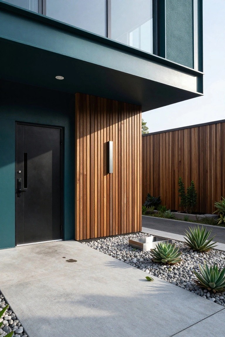 Teal metal-clad modern house exterior showing black front door, adjacent vertical wooden slats, wooden side fence, gravel garden bed with agave plants, and concrete entry path.