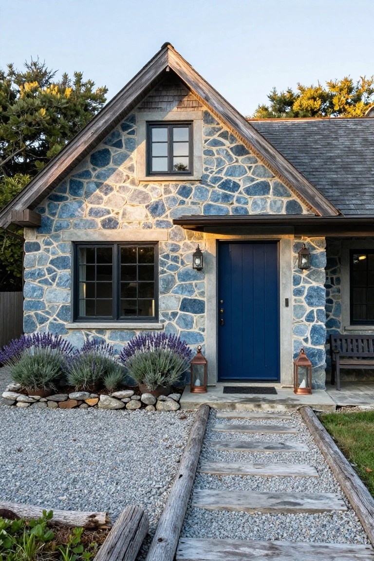 A small cottage-style house with irregular blue stone walls, dark wood-framed windows, navy blue front door flanked by lanterns and lavender plants, wooden bench, gravel yard, and log-edged path.
