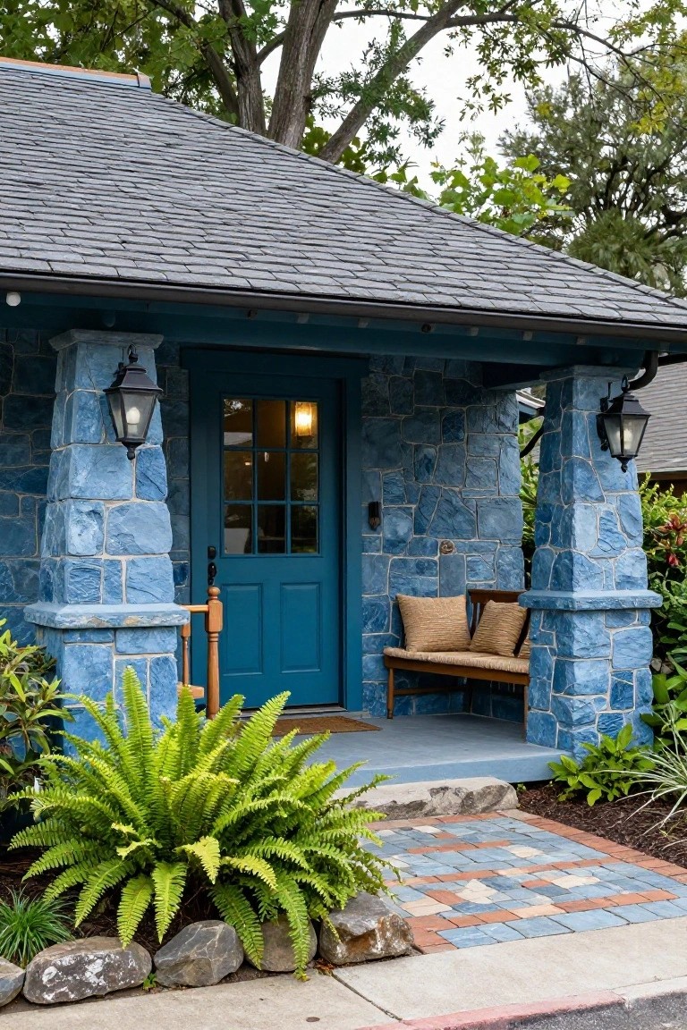 Blue stone pillars support a covered porch with a turquoise door, lanterns, wooden bench with cushions, ferns, rocks, and a brick entry path beside a street.