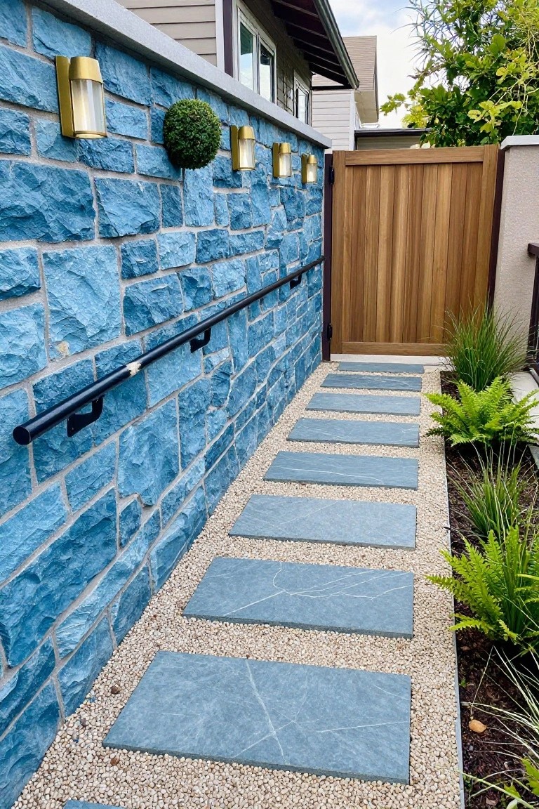 Textured blue stone retaining wall with black metal handrail, brass wall lights, topiary ball, wooden side gate, and gravel path edged with gray slate stepping stones and low plants.