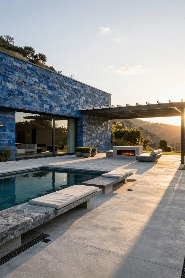 Blue stone-clad house wall with large sliding glass doors opening to a rectangular pool, concrete terrace, built-in fire pit, loungers, and metal pergola overlooking a hillside at sunset.