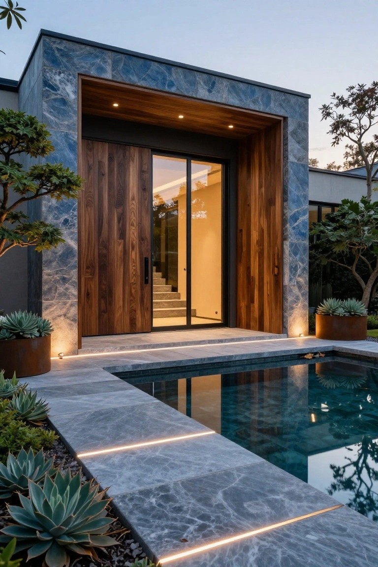 Modern house exterior with blue marble stone cladding on walls, a large wooden pivot door with glass panel and interior stairs visible, flanked by potted agave plants, LED-lit gray marble steps, and a small rectangular pool.
