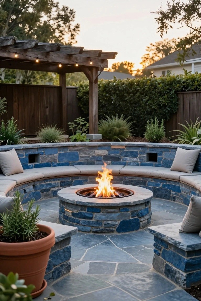 Curved blue stone benches with beige cushions encircle a lit gas fire pit on a slate patio under a wooden pergola with string lights, surrounded by potted plants and hedges at dusk.