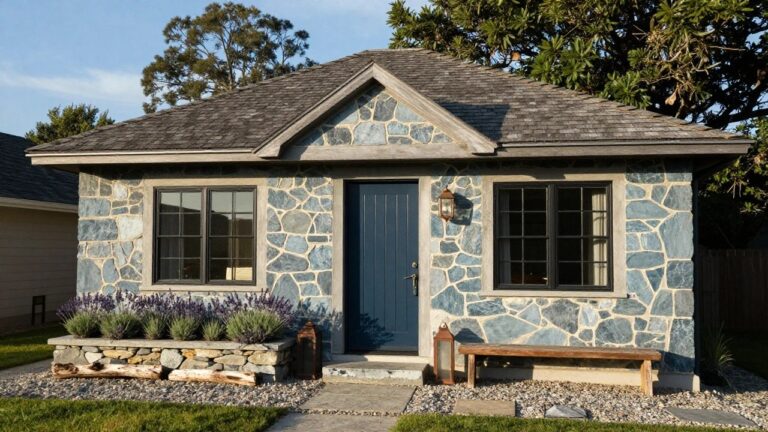 A small cottage-style house with irregular blue stone walls, dark wood-framed windows, navy blue front door flanked by lanterns and lavender plants, wooden bench, gravel yard, and log-edged path.