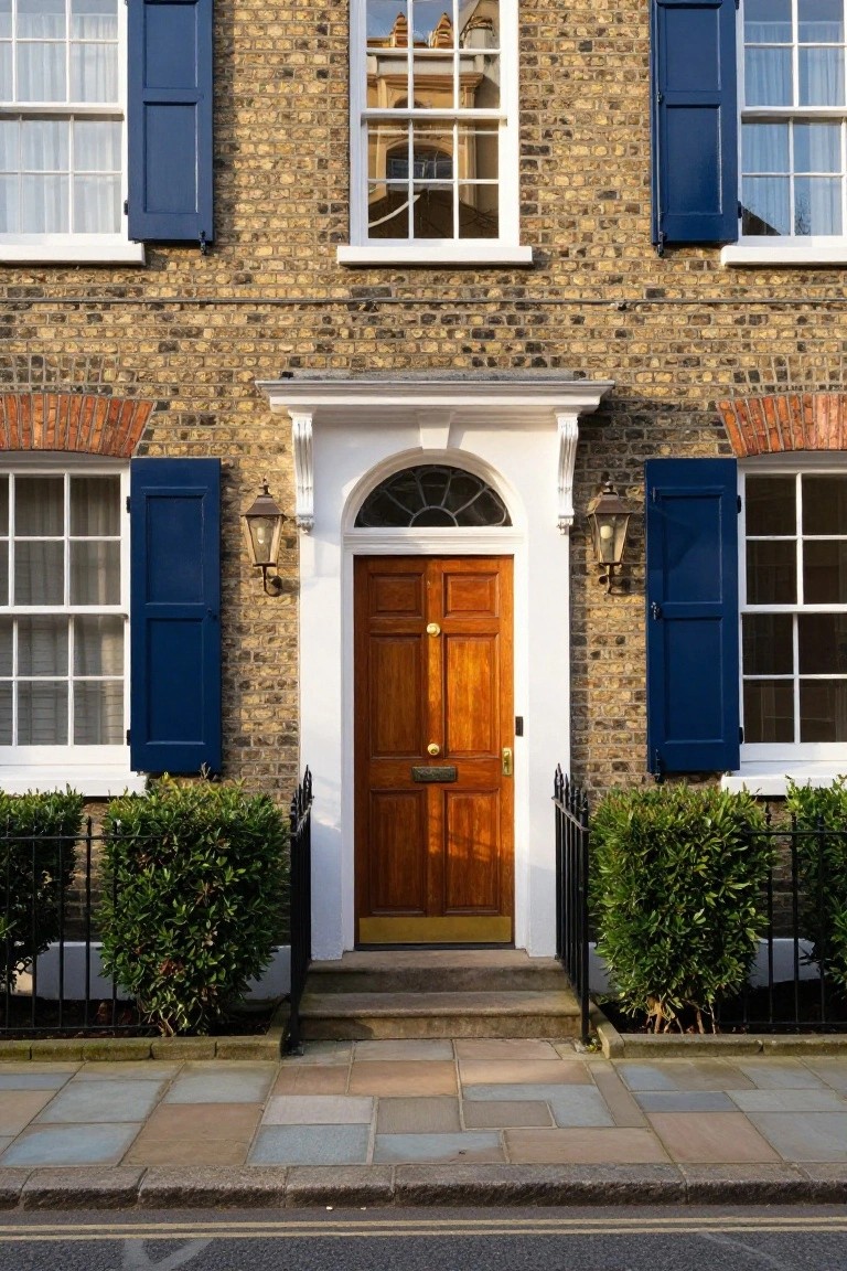 Brick townhouse facade with navy blue shutters on multi-pane windows, white trim around a wooden front door with fanlight, wall lanterns, black iron fence, and boxwood shrubs on a stone pathway.