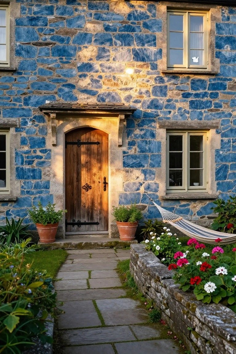 Blue stone cottage exterior with arched wooden front door, potted plants on either side, stone pathway leading to the entrance, flower beds along a low wall, and a hammock nearby.