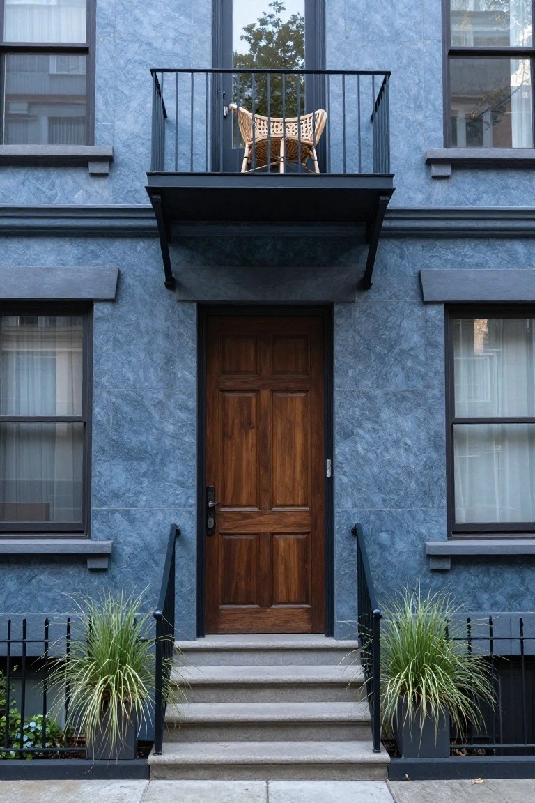 Blue textured house facade with dark wood paneled front door centered between two windows, black metal balcony with rattan chair above the door, concrete steps leading up flanked by potted grasses in black containers, and gray stone sidewalk in front.