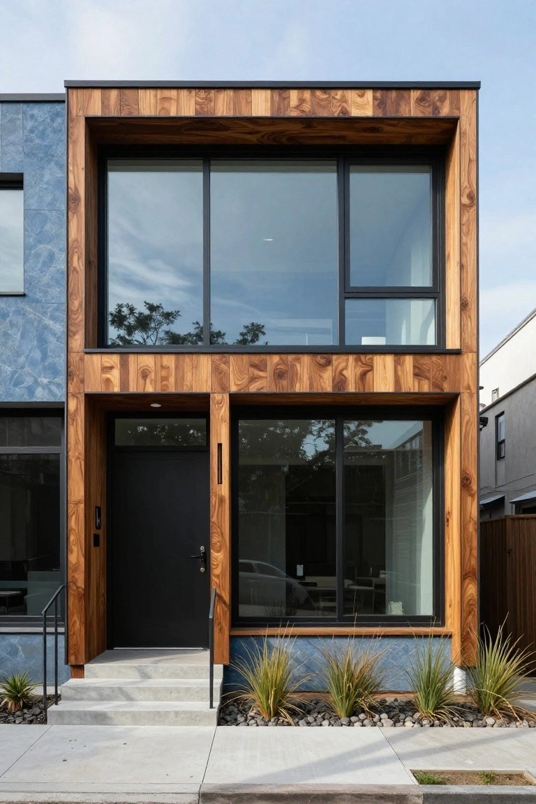 Modern two-story house exterior with vertical brown wood cladding, large glass windows and door panels, black front door, metal railing on concrete steps, ornamental grasses and pebbles in front yard next to blue adjacent building.
