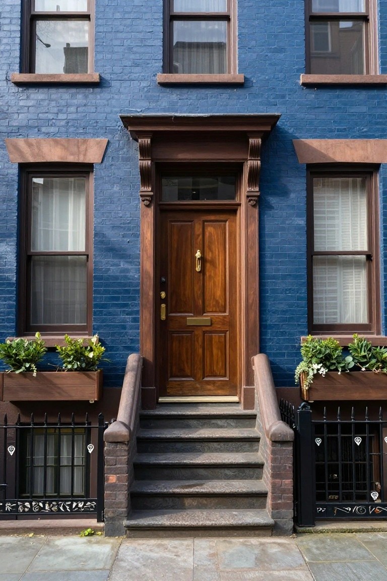 Blue-painted brick townhouse exterior with brown wooden front door, brass knocker and letterbox, stone stoop with steps, window boxes containing green plants, sheer-curtained windows, and black wrought iron basement railings.