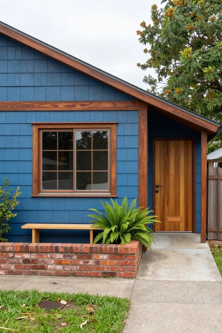 Small blue shingle-sided house exterior with brown wood trim around a sliding window and vertical-plank door, wooden bench, fern plant in brick-edged planter, and concrete path beside grass.