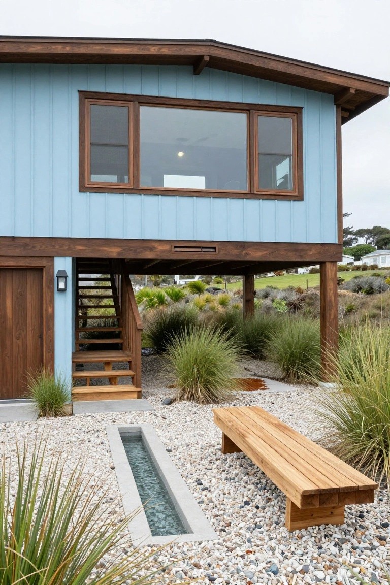 Light blue clapboard house elevated on brown wooden pilings with wooden stairs leading to a garage door, large window above, wooden bench nearby, gravel ground, grasses, and narrow reflecting water channel in front.