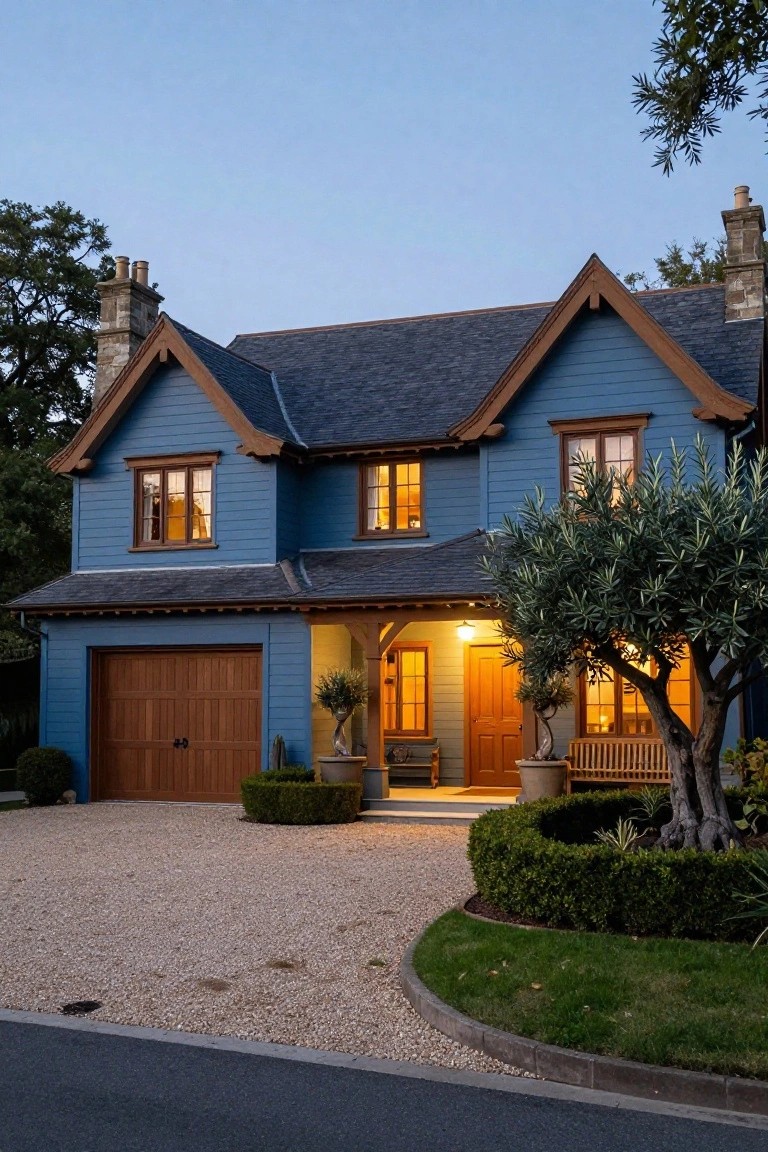 A charming blue house with wooden details, warm lights, and lush landscaping.