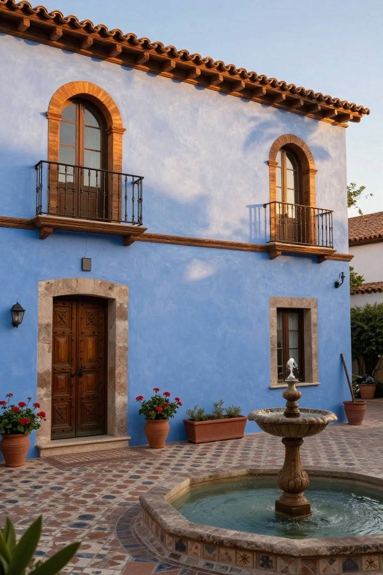 Blue stucco house exterior featuring arched wooden doors, iron balconies on upper windows, potted red geraniums, and a stone fountain in a tiled courtyard.