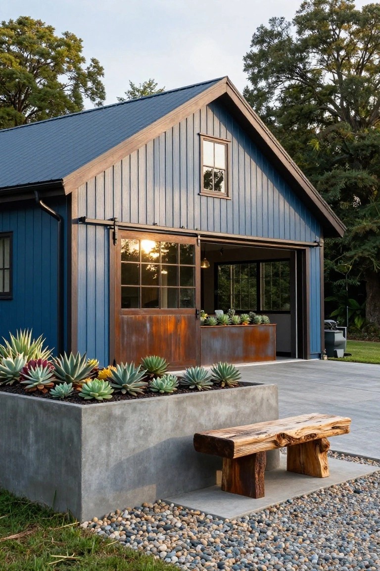 Blue vertical board-and-batten siding on a gable-roofed garage with open wood-framed sliding barn door, rusted metal planter box filled with succulents, rough wood bench, concrete planter box, gravel ground cover, and surrounding trees.