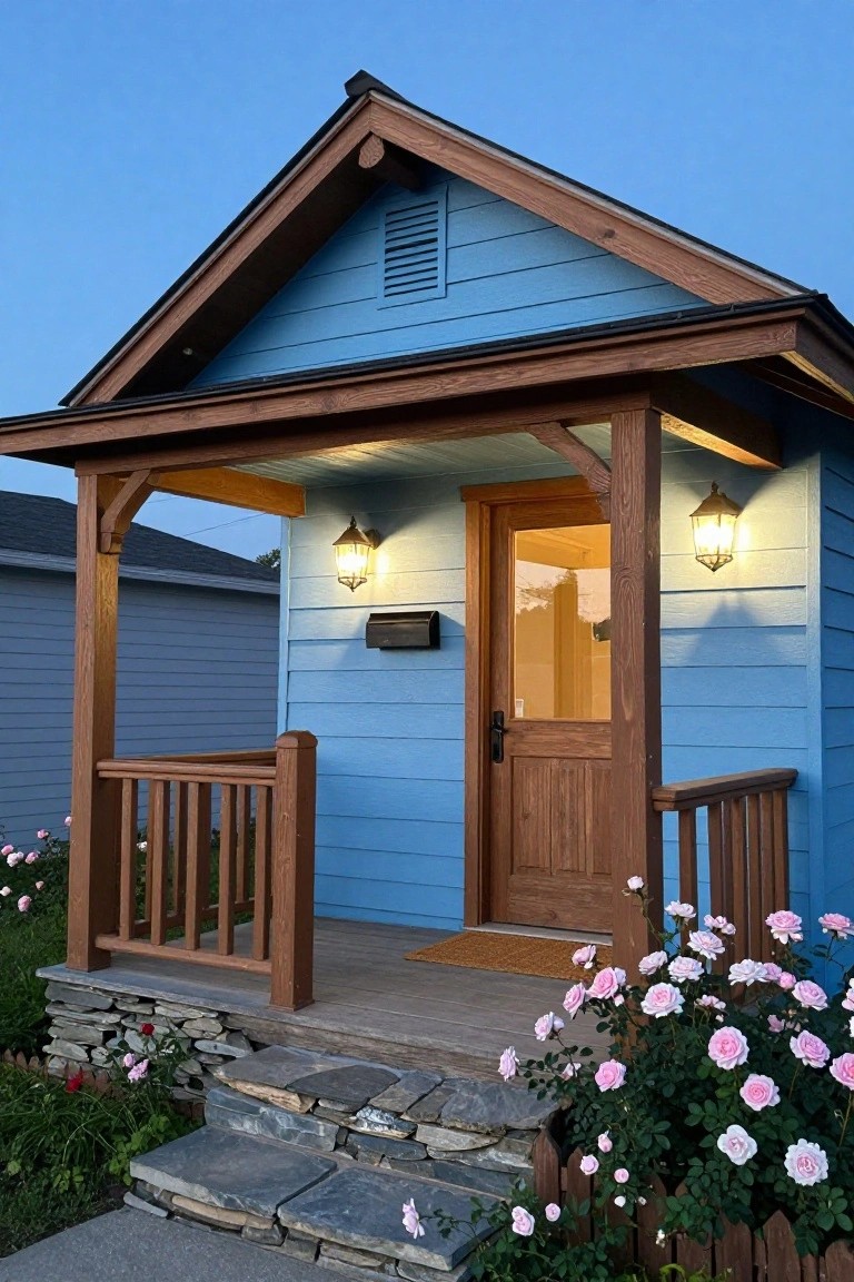 Small blue clapboard house with brown wood trim on gable roof edges, covered front porch with wooden posts and railing, glass-paneled wood door flanked by lanterns, stone steps, and pink rose bushes.