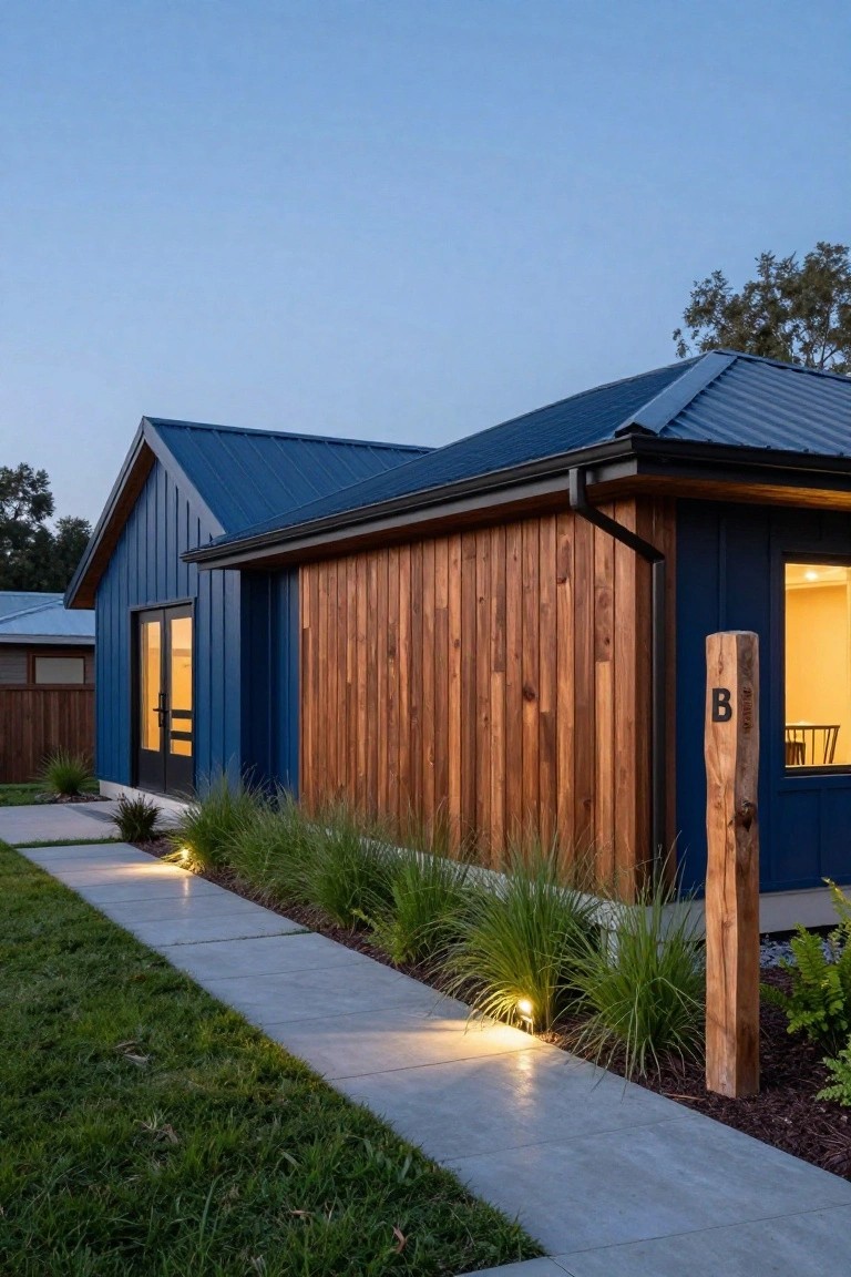 Side exterior of a modern house featuring navy blue painted siding, vertical cedar wood cladding, a concrete walkway with low-voltage path lights, ornamental grasses, and a wooden post marked with a large B near a blue door and window.