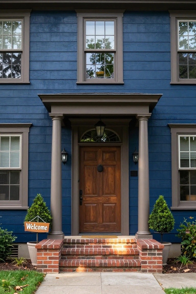 Blue shingle-style house exterior with gray trim, columned covered porch, wooden front door, brick entry steps, potted shrubs, and welcome sign.