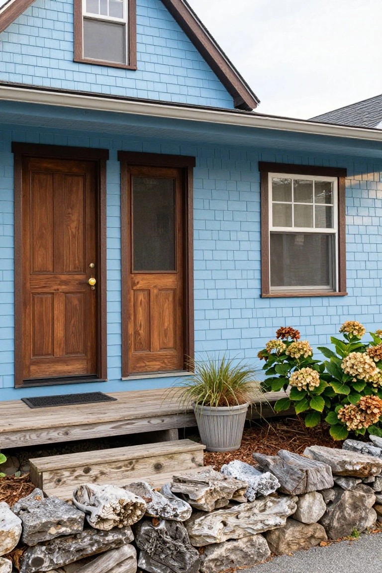 Blue house with wooden doors, stone pathway, and hydrangea plants in the foreground.