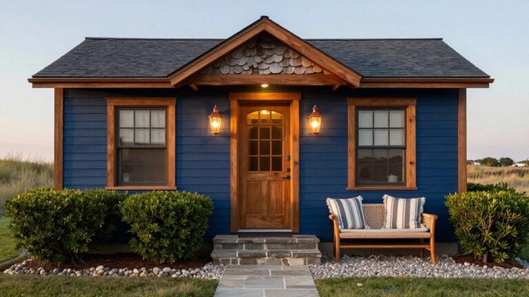 Front view of a small blue shingle-style house with dark wooden arched door featuring nine glass panes, flanked by copper lanterns, white trim, boxwood shrubs, stone steps, and gravel path.