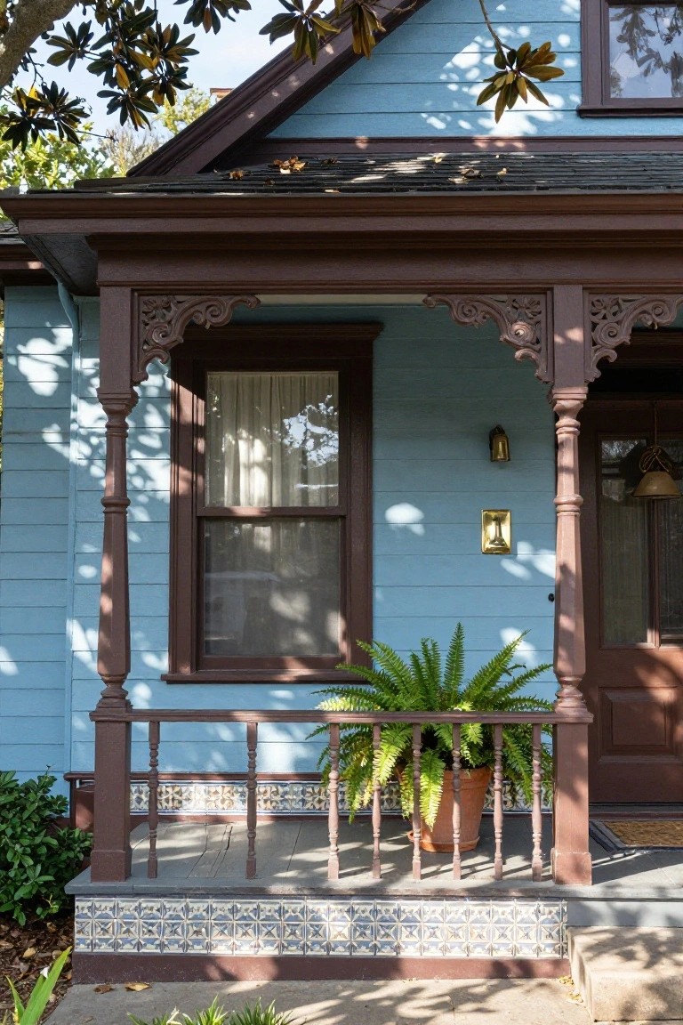 Charming blue house facade with brown details, a fern plant, and tiled porch.
