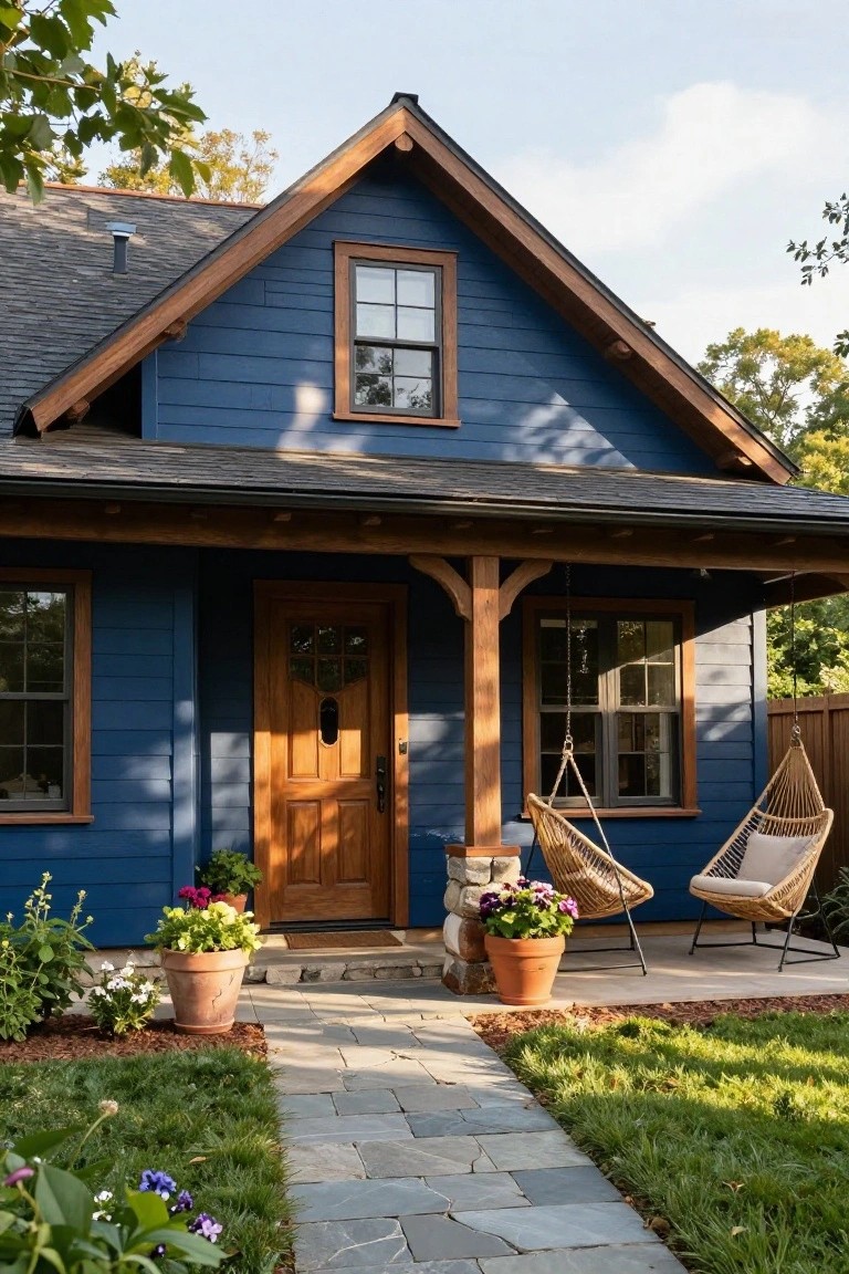 Front exterior of a navy blue clapboard house with brown wood trim on the gabled roofline, porch supports, entry door, and windows, featuring potted plants, hanging egg chairs, and a stone pathway.
