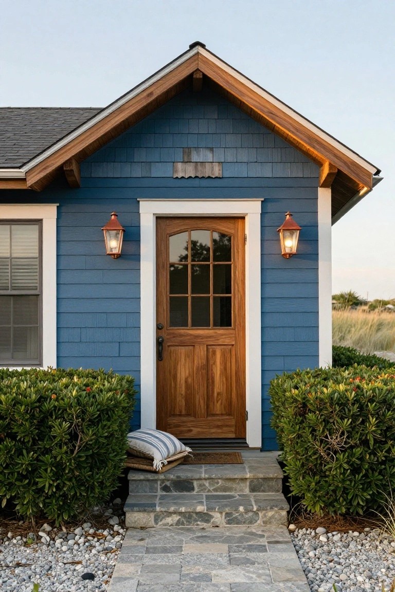 Front view of a small blue shingle-style house with dark wooden arched door featuring nine glass panes, flanked by copper lanterns, white trim, boxwood shrubs, stone steps, and gravel path.