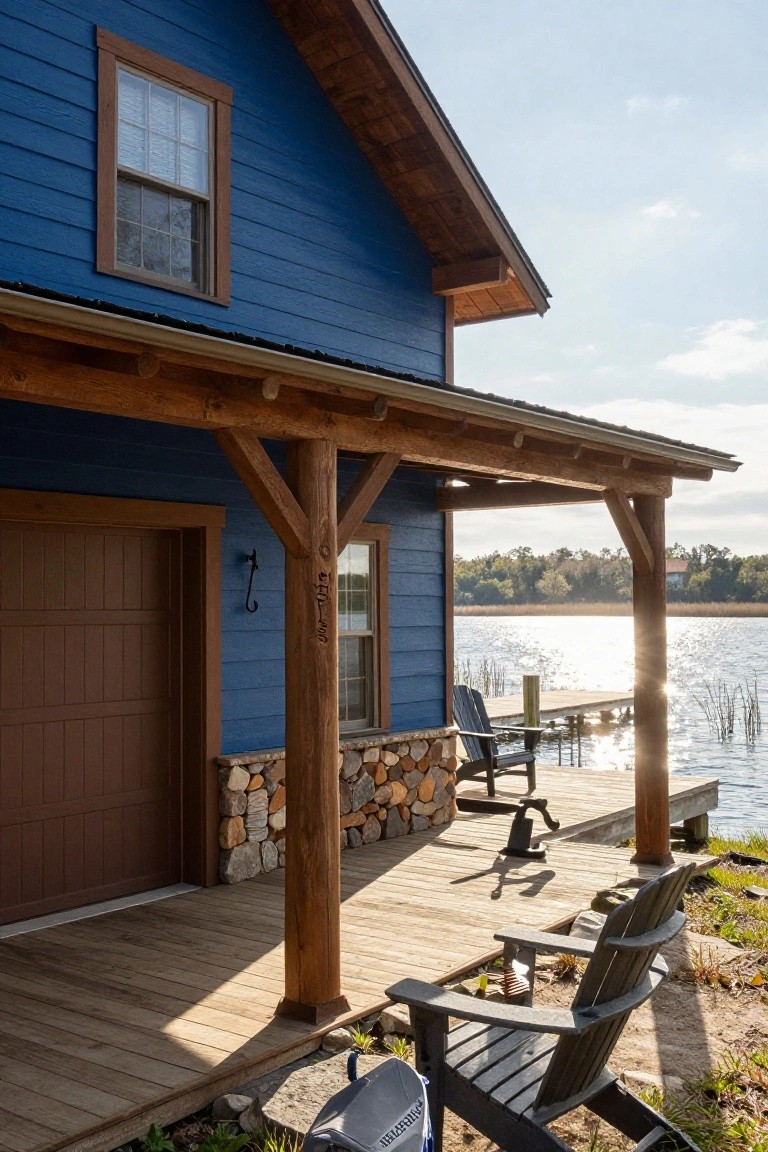 Blue clapboard house exterior with brown garage door, large rustic wood porch posts on stone foundation, wooden deck with Adirondack chairs, and lakeside dock in the background.