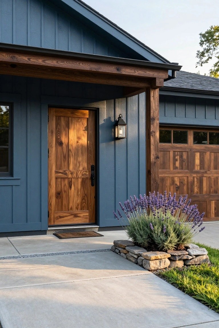 Blue vertical board-and-batten siding house exterior with wooden front door, black lantern light, wood porch beams, matching garage door, and lavender plants in a stone-edged bed next to concrete driveway.
