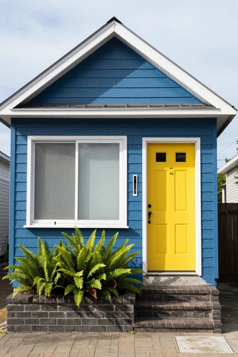 Small blue clapboard house with white trim and gabled roof, featuring a yellow front door with small windows, a frosted sliding window to the side, green ferns in a brick planter beside black brick steps, and a paved walkway.