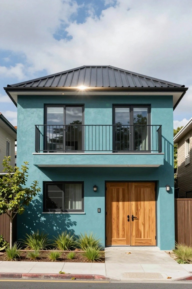 Two-story teal stucco house with black metal gable roof, black-framed sliding doors on upper balcony with railing, lower black-framed window, wooden double garage doors, wall lights, front plants, and concrete path on street.