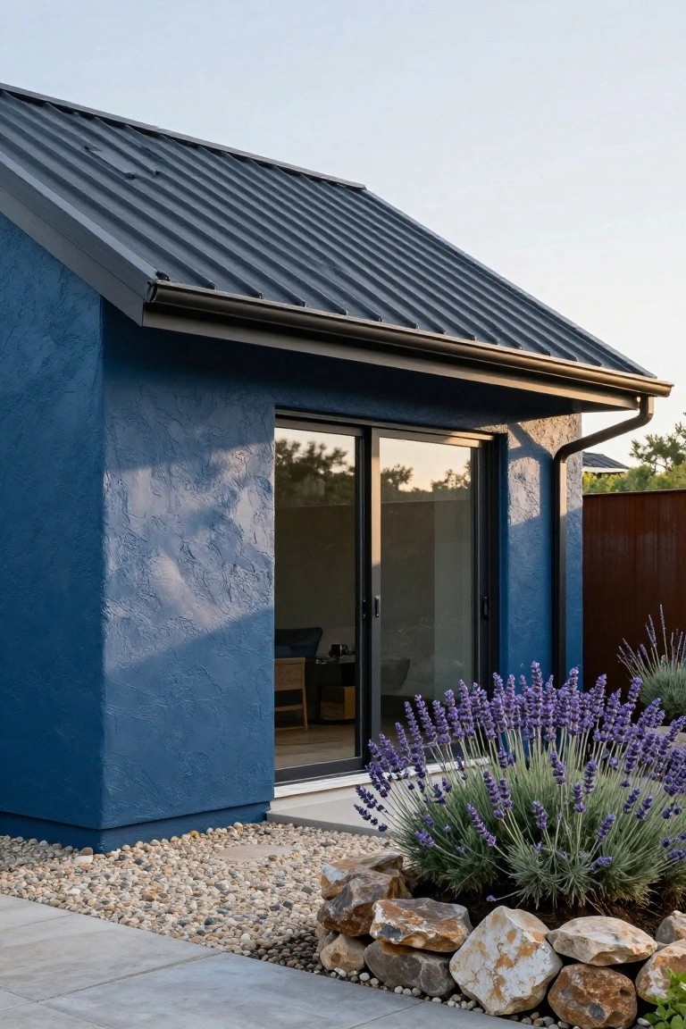 Blue textured stucco shed-roofed structure with dark metal roofing, large sliding glass doors open to interior, lavender plants in rock-edged gravel bed beside concrete pavers.