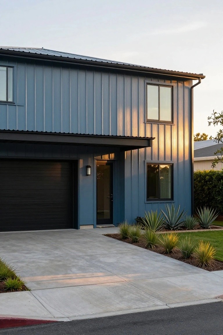 A modern two-story house with blue corrugated metal siding, dark metal roof, black garage door, glass entry door under a black overhang, large windows, and agave plants along the concrete driveway at dusk.