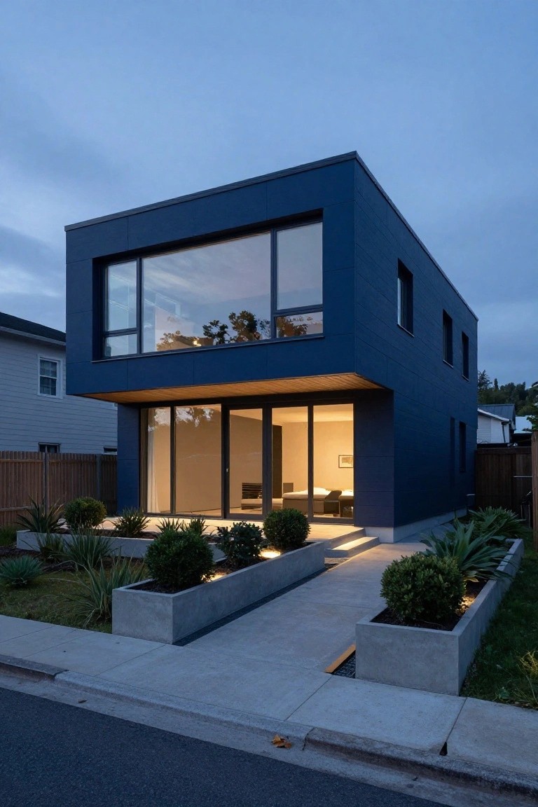 Modern two-story house with dark blue vertical panels, large corner window and glass entry doors, wood overhang at front, concrete pathway with agave plants in rectangular planters, at dusk beside a street.