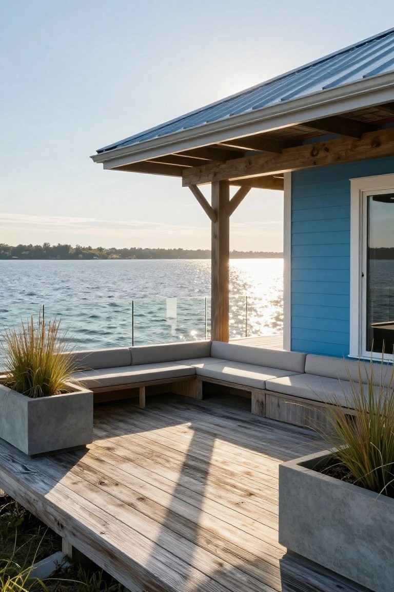 Blue wooden-sided house with metal roof next to a wooden deck over a lake, featuring L-shaped built-in gray benches, potted tall grasses in concrete planters, and glass railings.