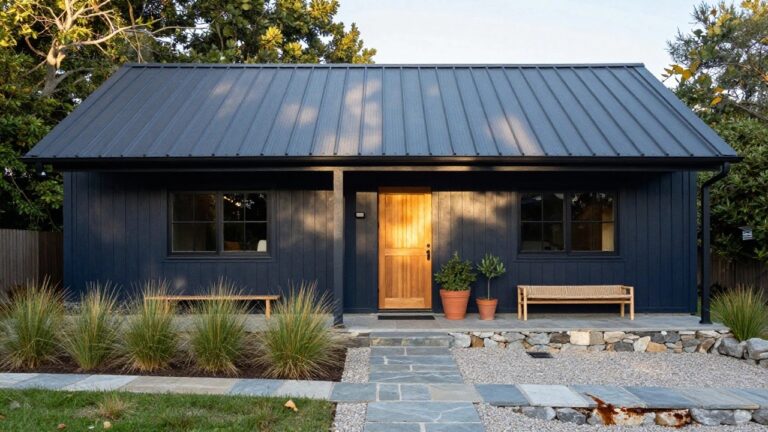14 Blue House Exterior With Metal Roof That Feels Modern Front exterior of a small navy blue clapboard house with dark gray standing seam metal roof, wooden front door under a covered porch, flanked by potted grasses and ornamental plants, slate steps, stone retaining walls, and gravel path.
