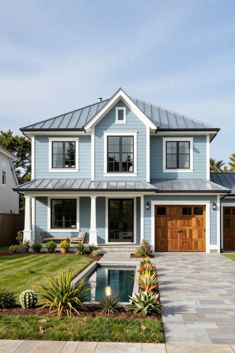 Two-story light blue clapboard house with dark standing seam metal roof, white trim, wooden double garage door, covered front porch with columns, small rectangular front pool, tropical plants, and gray stone paver pathway.