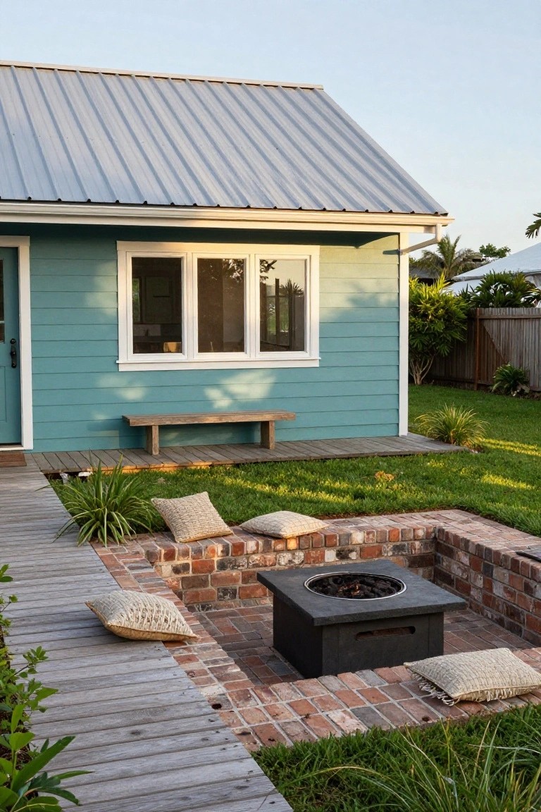 Light turquoise clapboard house exterior with silver standing seam metal roof, large window, blue door, wooden bench, brick fire pit with pillows, wooden walkway, grass yard, and plants.