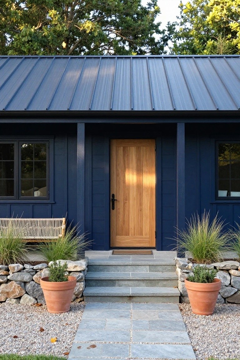 Front exterior of a small navy blue clapboard house with dark gray standing seam metal roof, wooden front door under a covered porch, flanked by potted grasses and ornamental plants, slate steps, stone retaining walls, and gravel path.