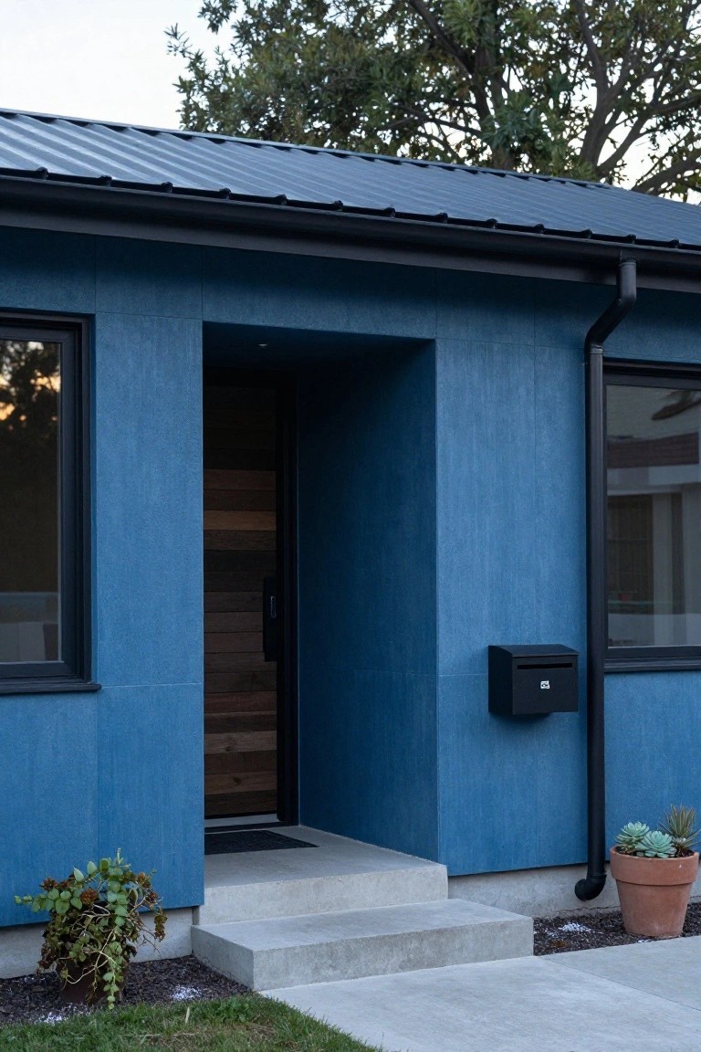 Blue textured house exterior with dark corrugated metal roof, recessed wooden front door with black frame, black-framed windows, black mailbox, downspout, potted succulents, concrete entry steps, and surrounding grass and trees.