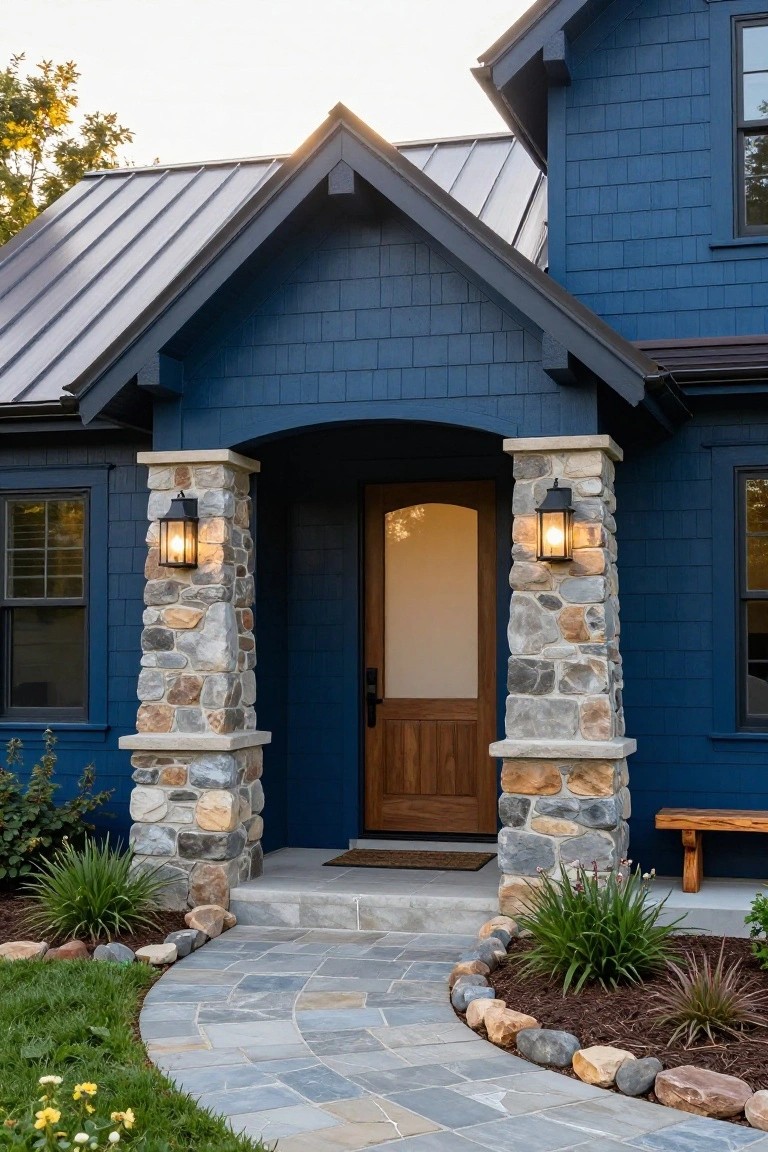 Front view of a two-story blue shingle house with dark metal roof, featuring stone pillars flanking a wooden arched entry door with lanterns, a wooden bench, and a curved flagstone pathway edged with rocks and plants.