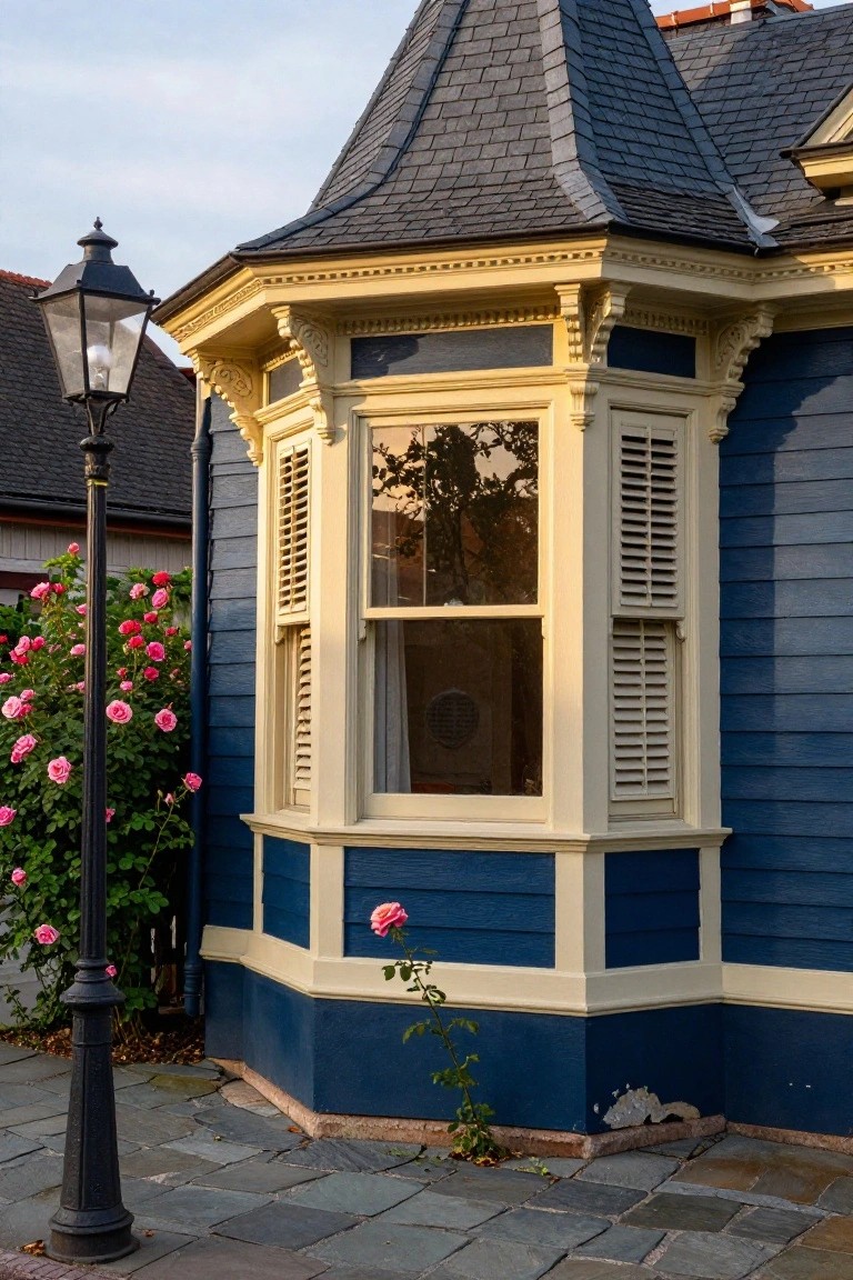 Dark blue shingle siding on a house corner with a slate-roofed turret bay window, cream shutters and trim, black lamppost, pink rose bushes, and stone path.