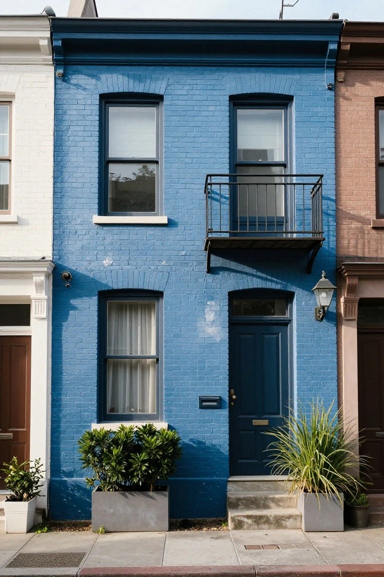 Blue brick rowhouse facade flanked by white and brown brick neighbors, featuring black-framed windows, a metal balcony on the second floor, dark front door, lantern light, and potted plants on the front steps.