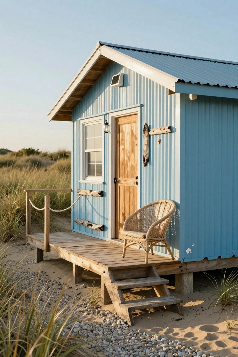 Blue corrugated metal-sided cabin on a raised wooden deck porch with rattan chair, wooden door and window, rope railing, and surrounding sand dunes with beach grass.