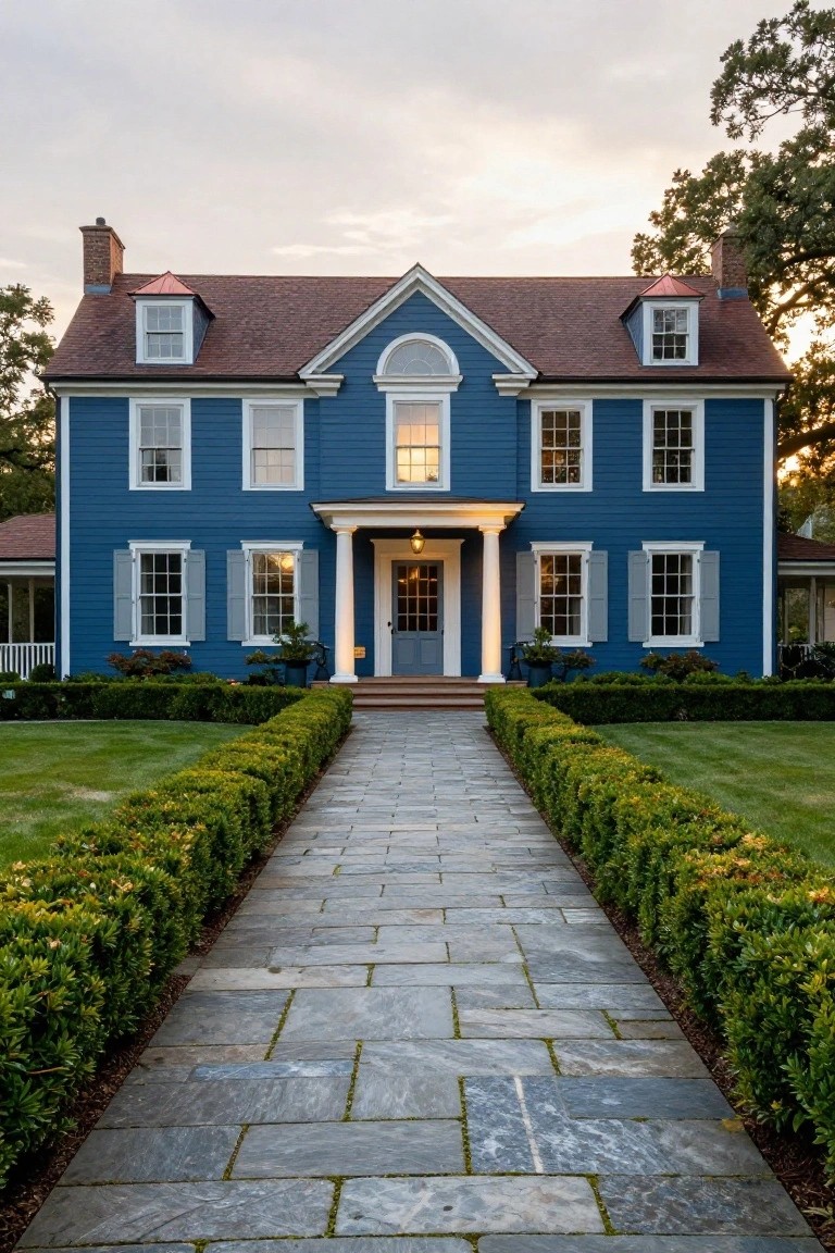 Blue clapboard house with gray shutters, white window trim, columned front porch, blue entry door, stone walkway, and boxwood hedges on a lawn at dusk.