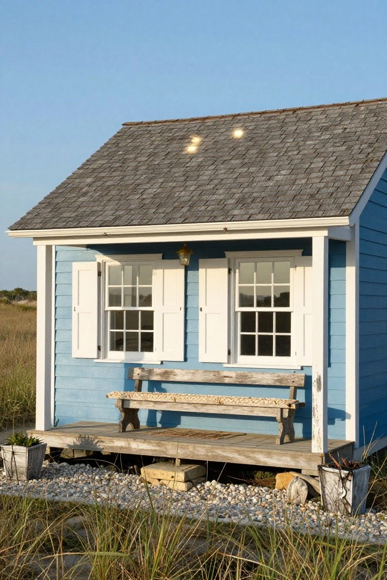 Small blue wooden cottage with white shutters on multi-pane windows, gabled shingle roof, covered porch with weathered wooden bench, potted plants, surrounded by beach grass, pebbles, and driftwood under clear sky.