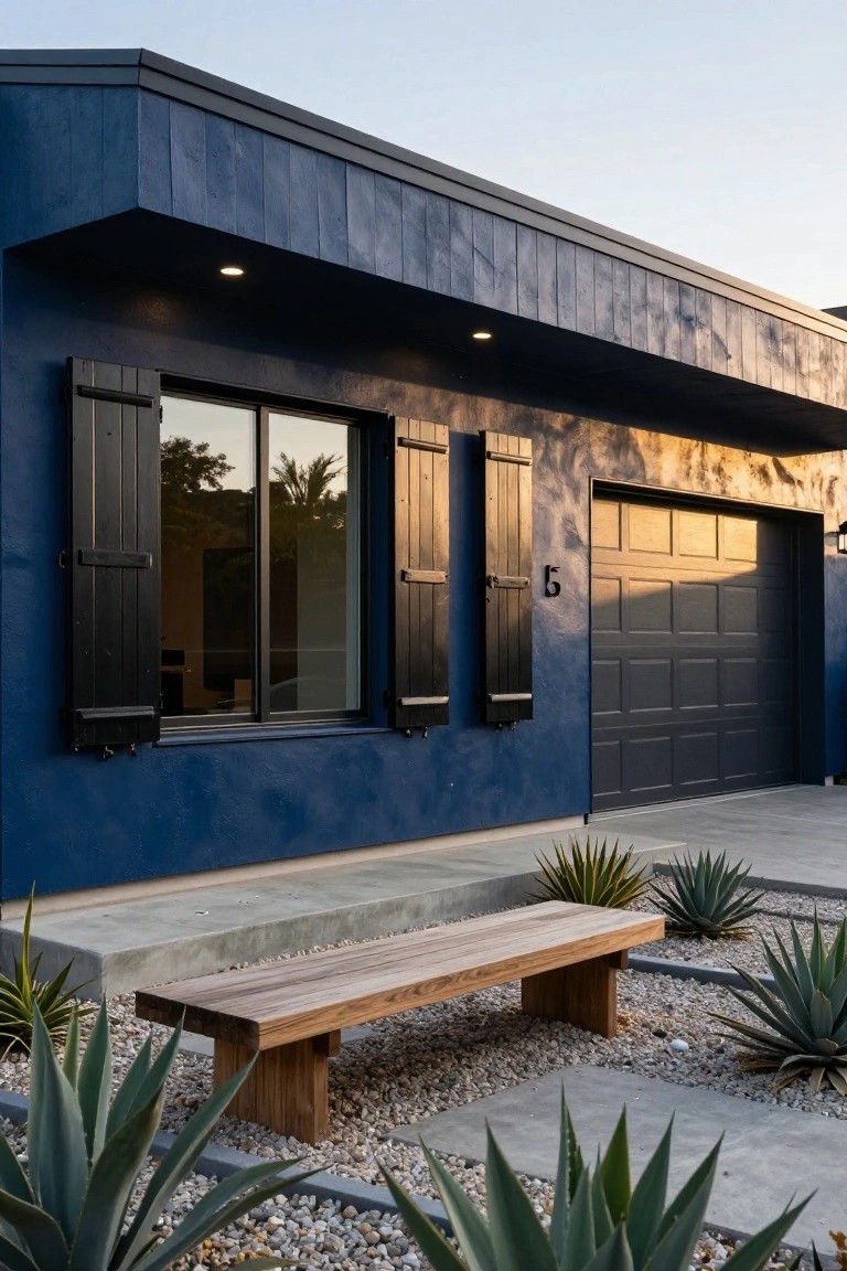 Front exterior of a dark blue house with black shutters on windows beside a dark garage door, wooden bench, and agave plants in gravel landscaping at sunset.