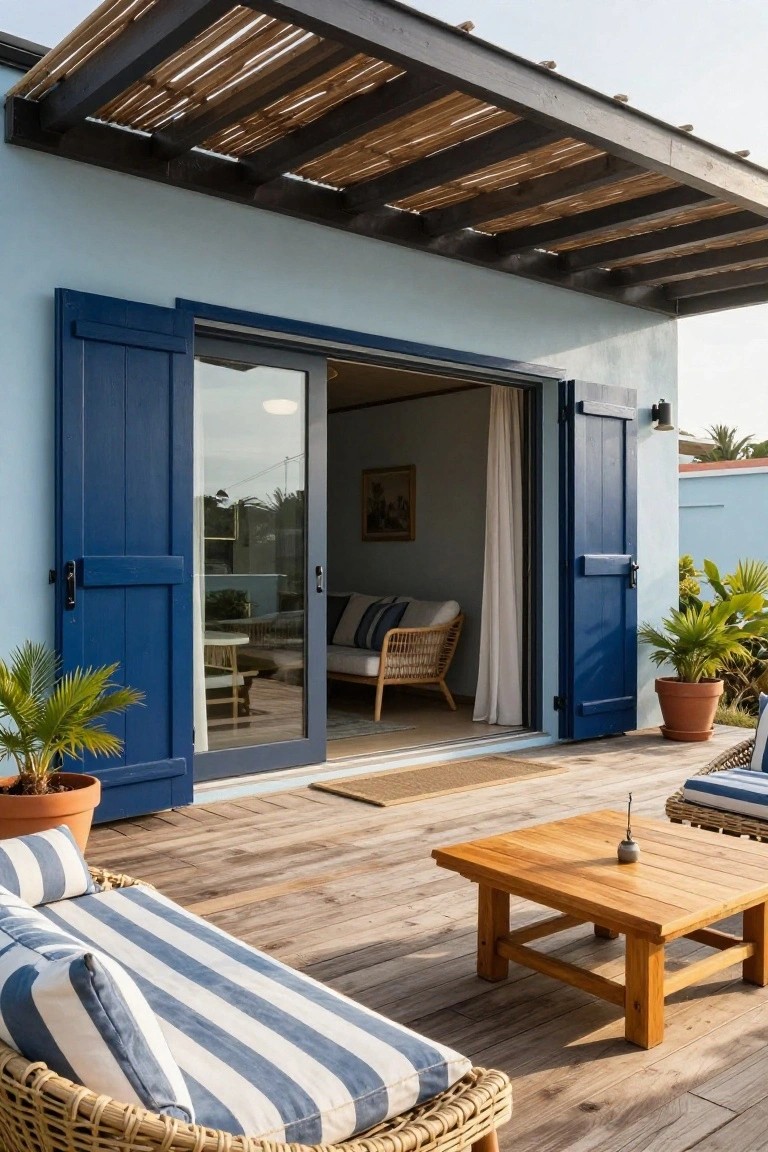 Light blue house exterior wall with deep blue shutters framing open sliding glass doors, wooden deck with striped loungers, small table, potted palms, and bamboo pergola overhead.