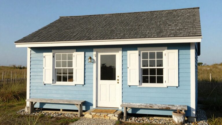 Small blue wooden cottage with white shutters on multi-pane windows, gabled shingle roof, covered porch with weathered wooden bench, potted plants, surrounded by beach grass, pebbles, and driftwood under clear sky.